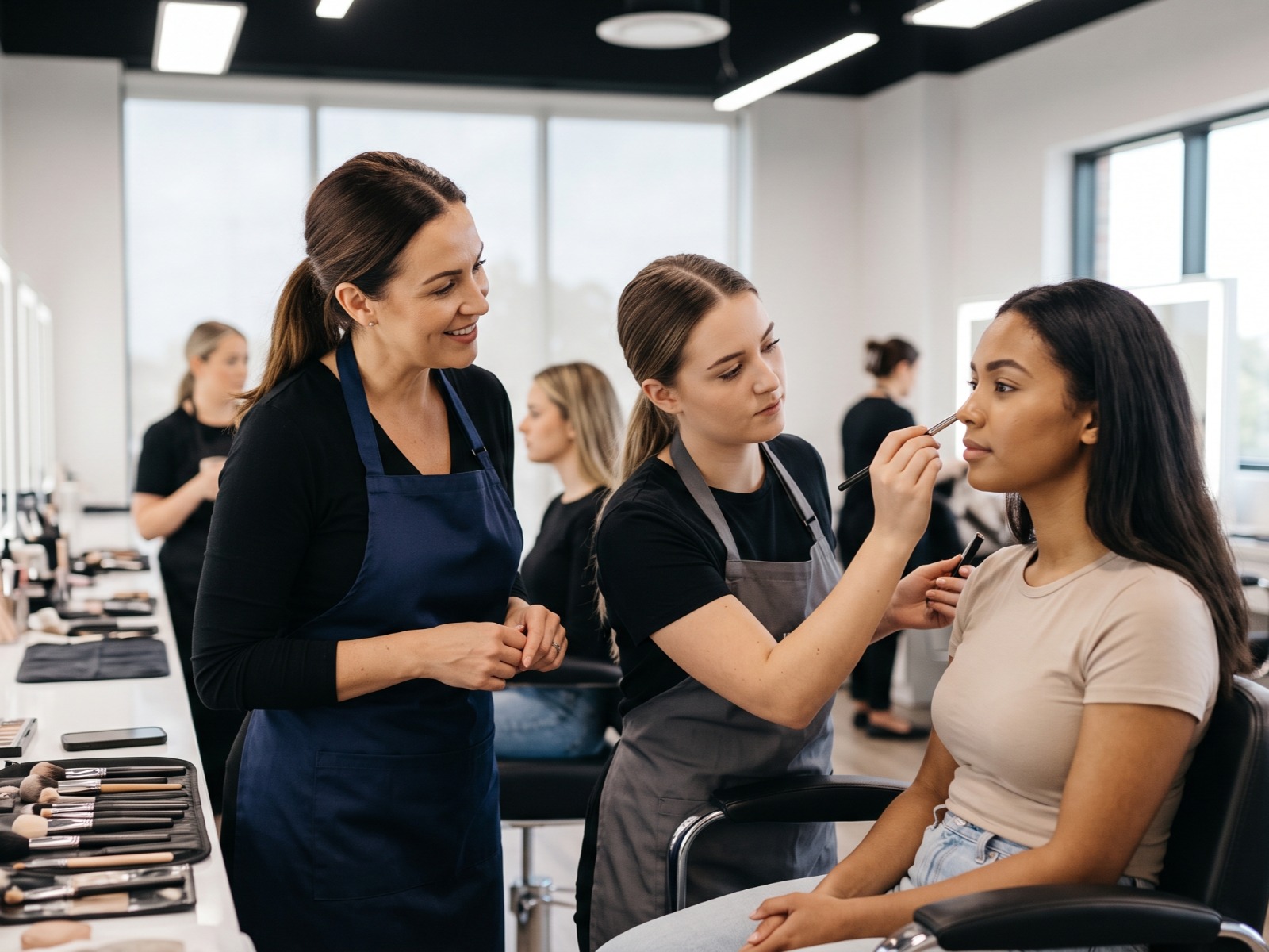 Therapist performing an elegant professional facial treatment in a serene studio